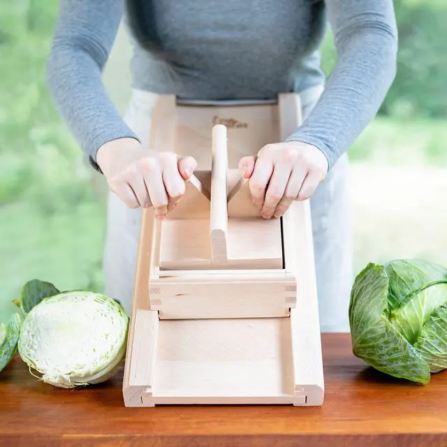 Alt view image 3 of 7 - Traditional Wooden Cabbage Shredder Slicer with Hand Guard for Finely Cut Sauerkraut and Coleslaw - Heirloom Quality - Made in Europe - Beech Wood - Stainless Steel Blades