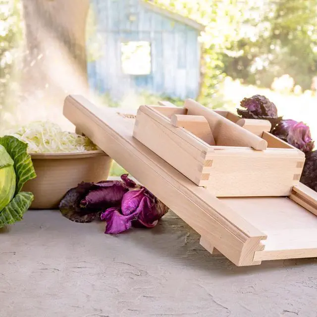 Alt view image 4 of 7 - Traditional Wooden Cabbage Shredder Slicer with Hand Guard for Finely Cut Sauerkraut and Coleslaw - Heirloom Quality - Made in Europe - Beech Wood - Stainless Steel Blades