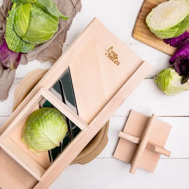 Alt view image 5 of 7 - Traditional Wooden Cabbage Shredder Slicer with Hand Guard for Finely Cut Sauerkraut and Coleslaw - Heirloom Quality - Made in Europe - Beech Wood - Stainless Steel Blades