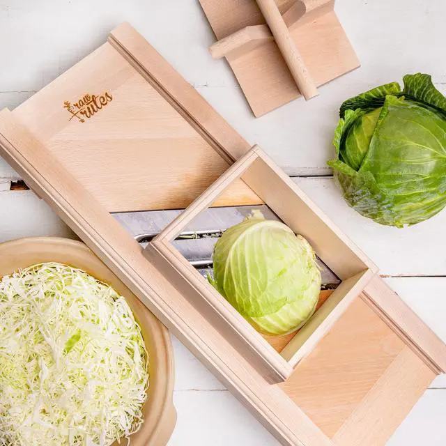 Alt view image 6 of 7 - Traditional Wooden Cabbage Shredder Slicer with Hand Guard for Finely Cut Sauerkraut and Coleslaw - Heirloom Quality - Made in Europe - Beech Wood - Stainless Steel Blades