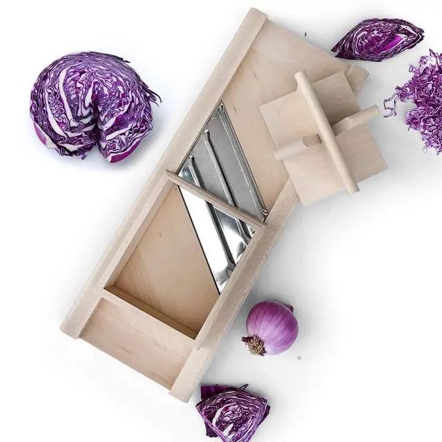 Alt view image 7 of 7 - Traditional Wooden Cabbage Shredder Slicer with Hand Guard for Finely Cut Sauerkraut and Coleslaw - Heirloom Quality - Made in Europe - Beech Wood - Stainless Steel Blades