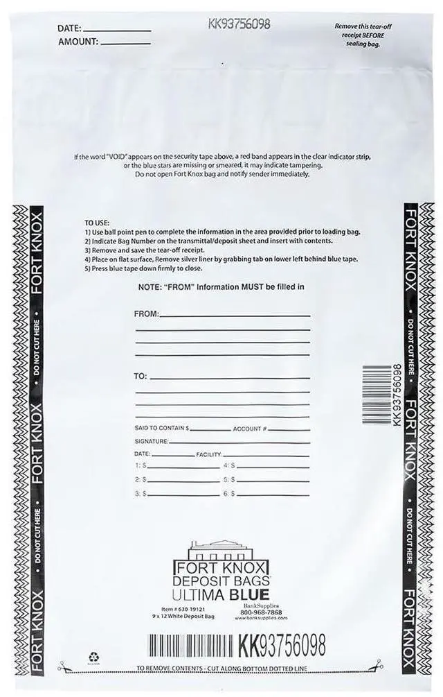 Main image of Ultima Blue White Deposit Bags 9W x 12H Opaque Tamper Evident Security Bags with Void Tape Captive Flap Closure Pack of 500