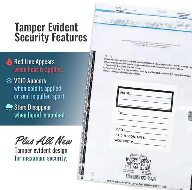 Alt view image 3 of 3 - Ultima Blue White Deposit Bags 9W x 12H Opaque Tamper Evident Security Bags with Void Tape Captive Flap Closure Pack of 500