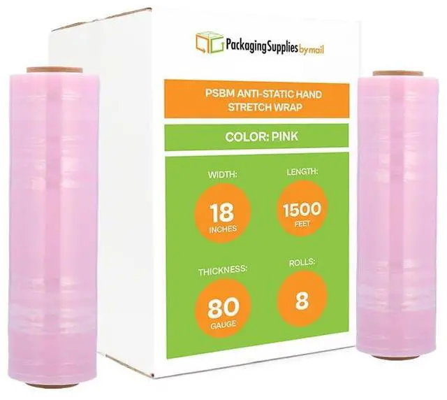 Main image of PSBM Anti-Static Stretch Wrap, 8 Pack, 18 Inch x 1500 Feet, 80 Gauge, Pink, Down Gauge Large Plastic Cling Film for Pallets Moving Storing