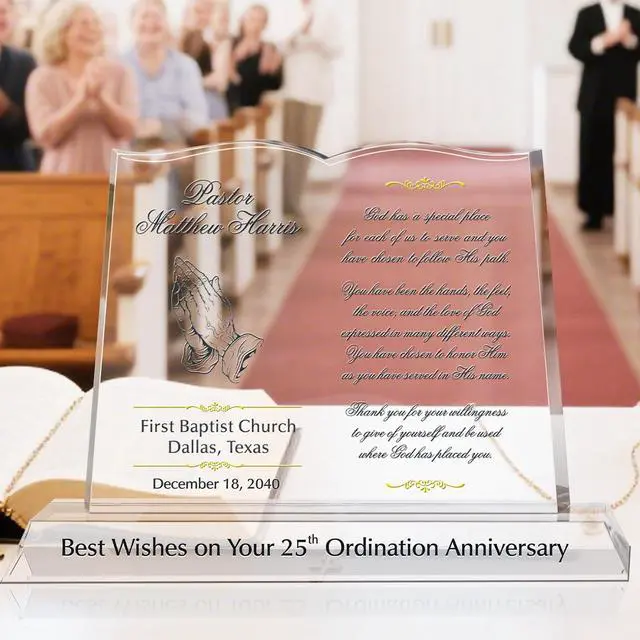 Alt view image 2 of 7 - Personalized Crystal Bible Shape Pastor Appreciation Gift Plaque, Customized with Pastor & Church Name, Unique Appreciation for Pastor, Minister, Priest (M - 10")