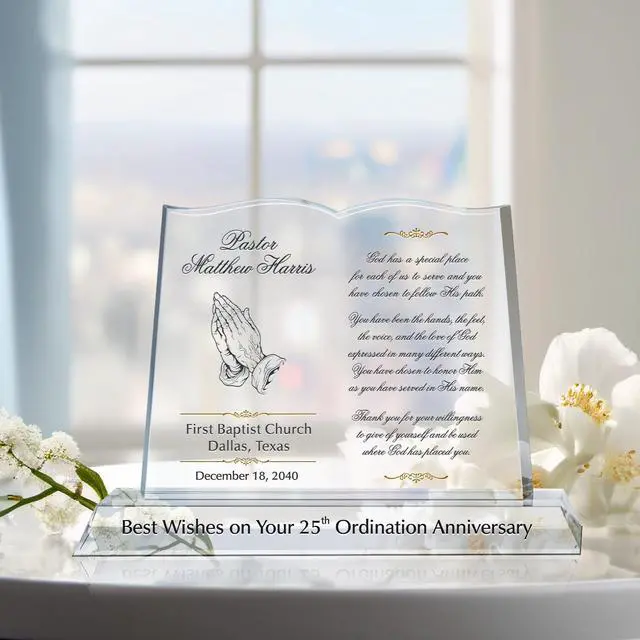 Alt view image 3 of 7 - Personalized Crystal Bible Shape Pastor Appreciation Gift Plaque, Customized with Pastor & Church Name, Unique Appreciation for Pastor, Minister, Priest (M - 10")
