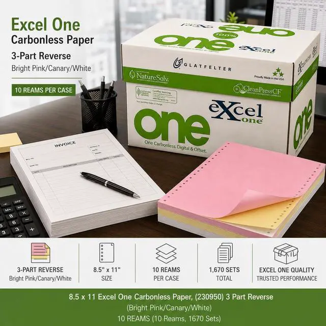 Alt view image 2 of 7 - 8.5 x 11 Excel One Carbonless Paper, (230950) 3 part Reverse (Bright Pink/Canary/White), 10 REAMS (10 Reams, 1670 Sets)