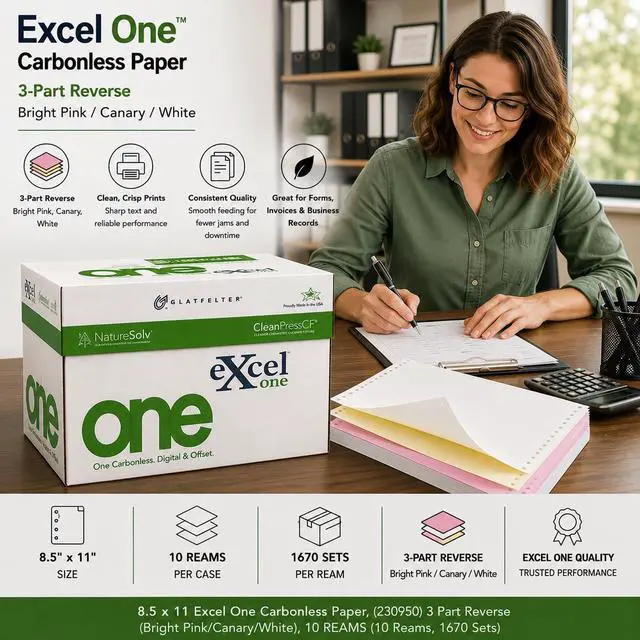 Alt view image 3 of 7 - 8.5 x 11 Excel One Carbonless Paper, (230950) 3 part Reverse (Bright Pink/Canary/White), 10 REAMS (10 Reams, 1670 Sets)