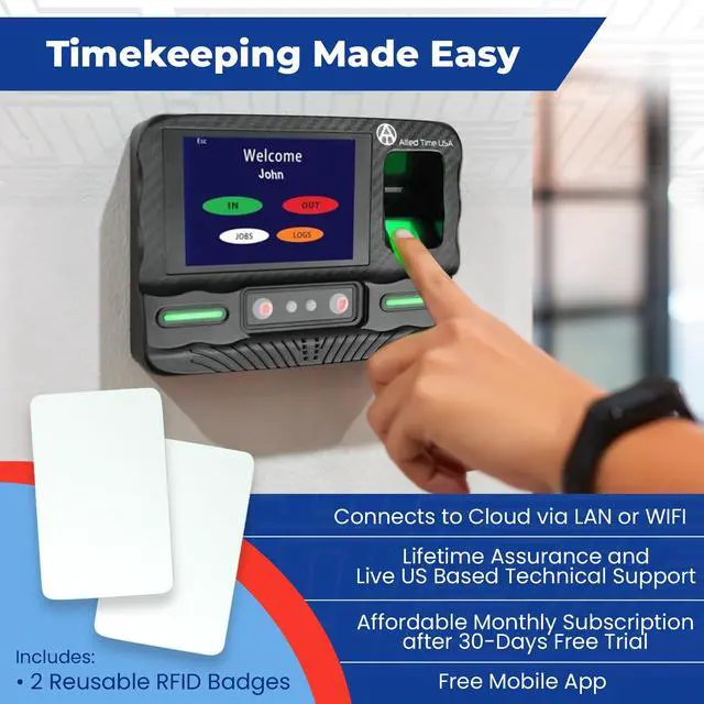 Alt view image 2 of 7 - Biometric Time Clock for Employees Attendance - Subscription Clock in Machine for Employees - Pin, Face Scanner, Palm & Fingerprint Time Clocks for Employees Small Business - 2 RFID Time Clock Cards