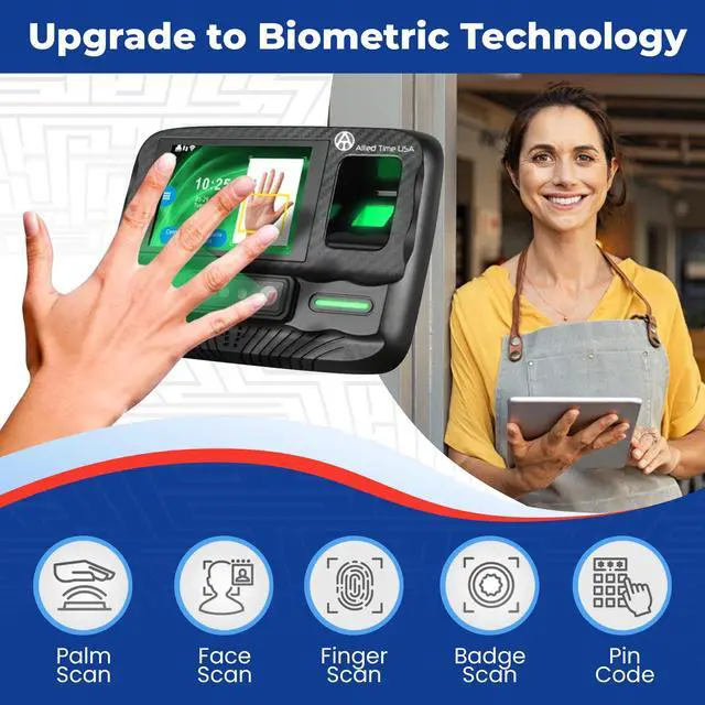 Alt view image 3 of 7 - Biometric Time Clock for Employees Attendance - Subscription Clock in Machine for Employees - Pin, Face Scanner, Palm & Fingerprint Time Clocks for Employees Small Business - 2 RFID Time Clock Cards