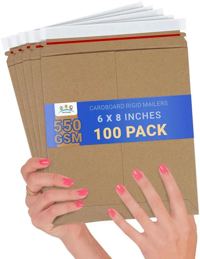 Main image of Rigid Mailers 6 x 8 Inch, Brown Cardboard Envelopes, Self Seal Tear Strip, 550 GSM Paperboard, Stay Flat Design, Pack of 100
