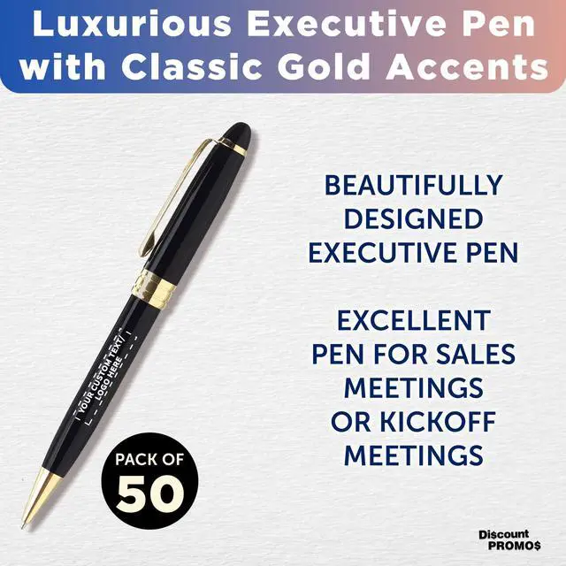 Alt view image 3 of 7 - 50 Ultra Executive Pens Pack - Customizable Text, Logo - Twist To Write, Gold Accent - Black