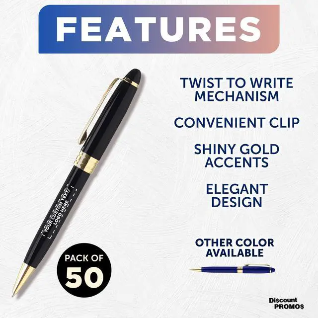 Alt view image 2 of 7 - 50 Ultra Executive Pens Pack - Customizable Text, Logo - Twist To Write, Gold Accent - Black