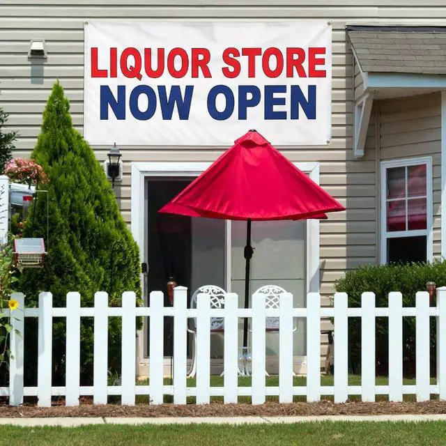 Alt view image 3 of 6 - Vinyl Banner Multiple Sizes Liquor Store Now Open Red Blue Business Outdoor Weatherproof Industrial Yard Signs 10 Grommets 60x144Inches
