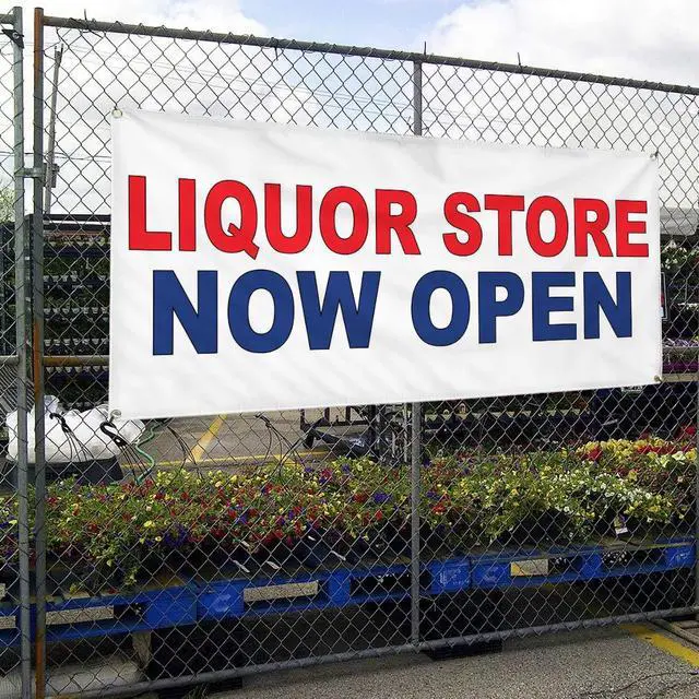 Alt view image 4 of 6 - Vinyl Banner Multiple Sizes Liquor Store Now Open Red Blue Business Outdoor Weatherproof Industrial Yard Signs 10 Grommets 60x144Inches