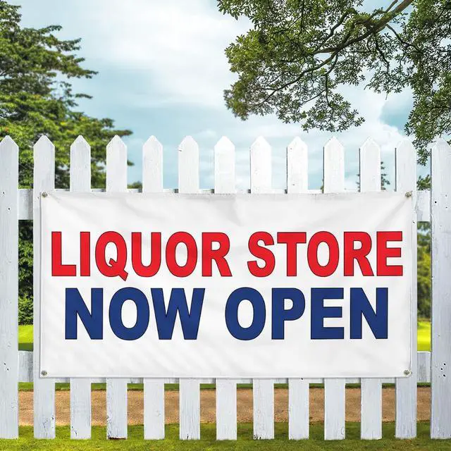 Alt view image 5 of 6 - Vinyl Banner Multiple Sizes Liquor Store Now Open Red Blue Business Outdoor Weatherproof Industrial Yard Signs 10 Grommets 60x144Inches