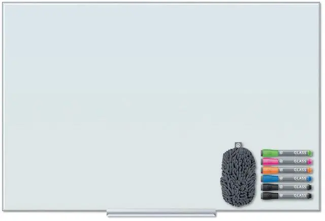 Main image of Floating Glass Dry Erase Board, Office Supplies, White, with Eraser, Markers, 18 Tray, 4mm, 36 x 48"