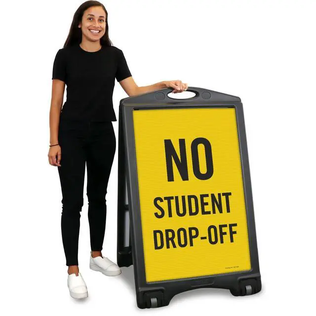 Alt view image 2 of 4 - No Student Drop-Off A-Frame Sidewalk Sign Kit, 36" x 24", Built-In-Wheels, Double-Sided Portable Plastic Sandwich Board, Set of 1 Foldable Black A-Frame + 2 Sign Panels, Made in USA