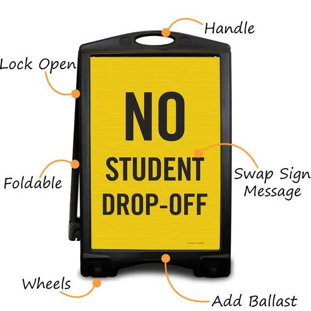 Alt view image 3 of 4 - No Student Drop-Off A-Frame Sidewalk Sign Kit, 36" x 24", Built-In-Wheels, Double-Sided Portable Plastic Sandwich Board, Set of 1 Foldable Black A-Frame + 2 Sign Panels, Made in USA