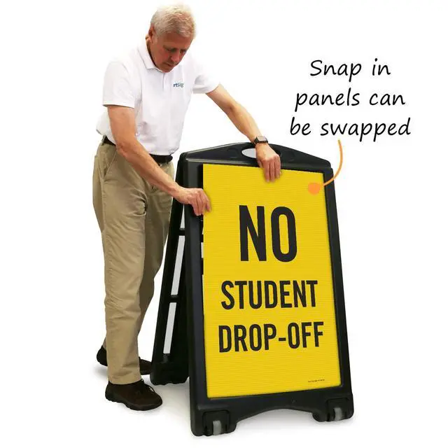 Alt view image 4 of 4 - No Student Drop-Off A-Frame Sidewalk Sign Kit, 36" x 24", Built-In-Wheels, Double-Sided Portable Plastic Sandwich Board, Set of 1 Foldable Black A-Frame + 2 Sign Panels, Made in USA
