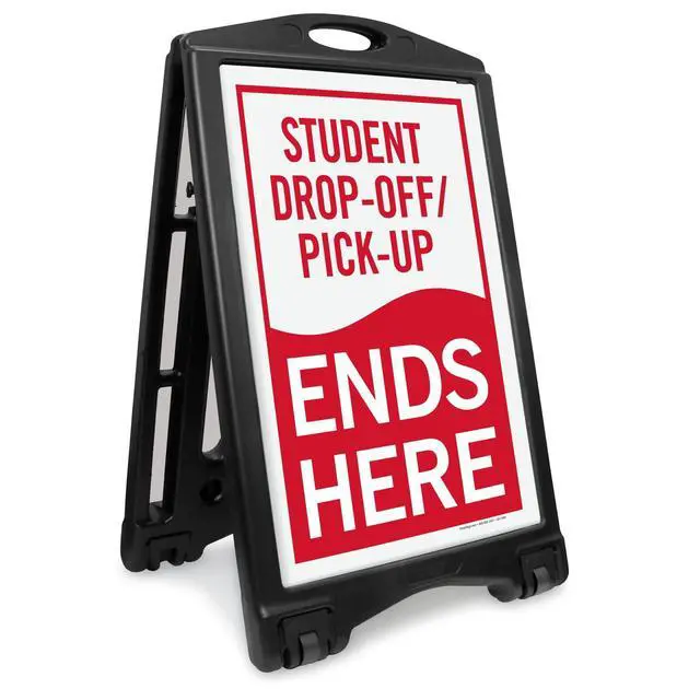 Main image of Student Drop-Off and Pick-Up Ends Here Foldable Black A-Frame Sidewalk Sign Kit, 36" x 24", Built-In-Wheels, Double-Sided Portable Plastic Sandwich Board, 2 Sign Panels, USA-Made