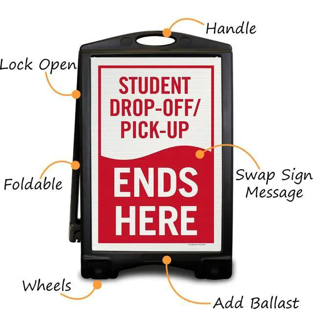 Alt view image 3 of 4 - Student Drop-Off and Pick-Up Ends Here Foldable Black A-Frame Sidewalk Sign Kit, 36" x 24", Built-In-Wheels, Double-Sided Portable Plastic Sandwich Board, 2 Sign Panels, USA-Made