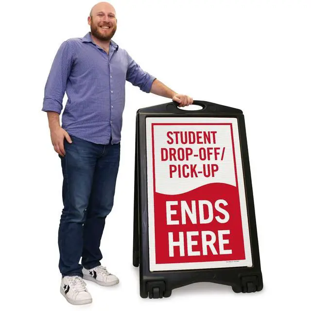 Alt view image 2 of 4 - Student Drop-Off and Pick-Up Ends Here Foldable Black A-Frame Sidewalk Sign Kit, 36" x 24", Built-In-Wheels, Double-Sided Portable Plastic Sandwich Board, 2 Sign Panels, USA-Made