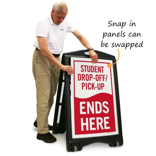 Alt view image 4 of 4 - Student Drop-Off and Pick-Up Ends Here Foldable Black A-Frame Sidewalk Sign Kit, 36" x 24", Built-In-Wheels, Double-Sided Portable Plastic Sandwich Board, 2 Sign Panels, USA-Made