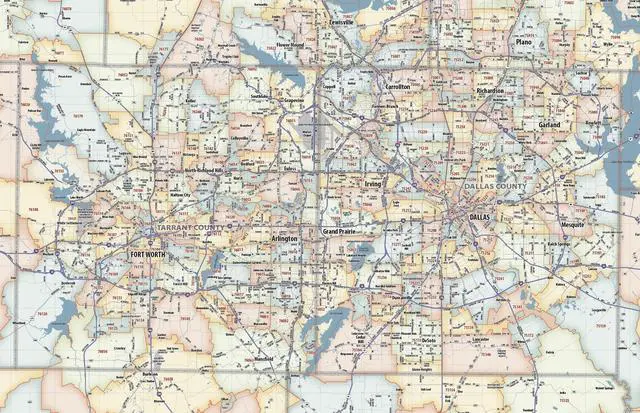 Alt view image 2 of 7 - Dallas - Fort Worth TX ZIP Code Laminated Map (48' x 36')