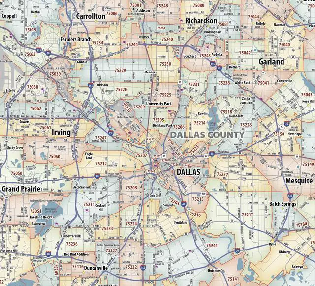 Alt view image 3 of 7 - Dallas - Fort Worth TX ZIP Code Laminated Map (48' x 36')