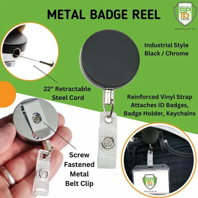 Alt view image 3 of 7 - Bulk 25 Pack - Heavy Duty Badge Reel with Metal Cord and Belt Clip - All Metal Retractable I'd, Key Holder with Steel Wire Cable - Black & Chrome Finish by (Black/Silver)