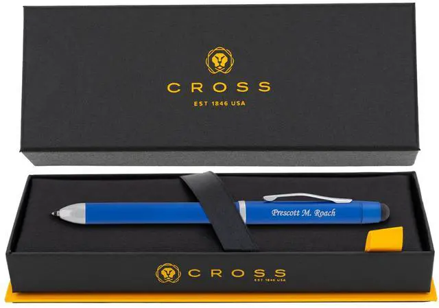 Main image of Cross Tech3+ Engraved Multifunction Pen, Metallic Blue, Black and Red Ballpoint plus Pencil, Stylus and Eraser, Silver Engraving Under Clip, Gift for Educators, Journalists, Graduation