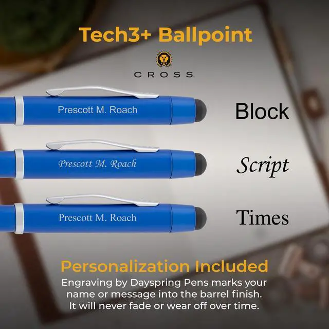 Alt view image 3 of 7 - Cross Tech3+ Engraved Multifunction Pen, Metallic Blue, Black and Red Ballpoint plus Pencil, Stylus and Eraser, Silver Engraving Under Clip, Gift for Educators, Journalists, Graduation