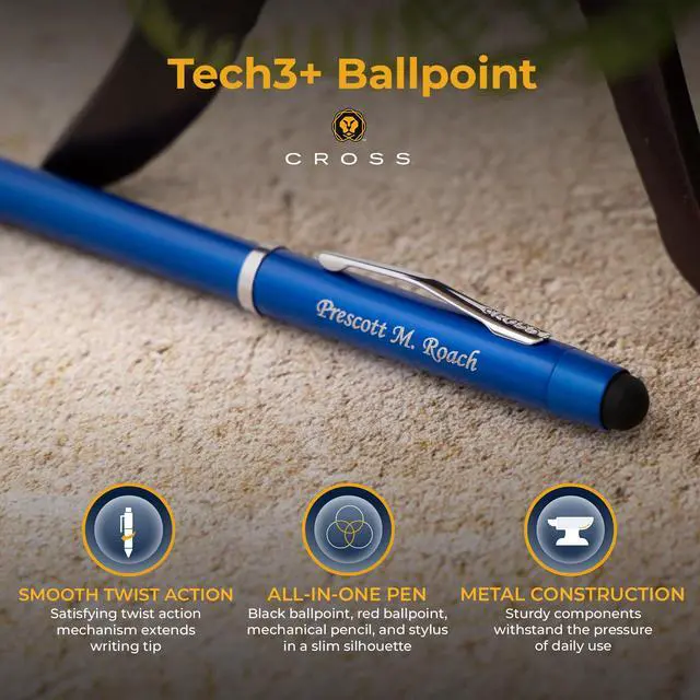Alt view image 4 of 7 - Cross Tech3+ Engraved Multifunction Pen, Metallic Blue, Black and Red Ballpoint plus Pencil, Stylus and Eraser, Silver Engraving Under Clip, Gift for Educators, Journalists, Graduation