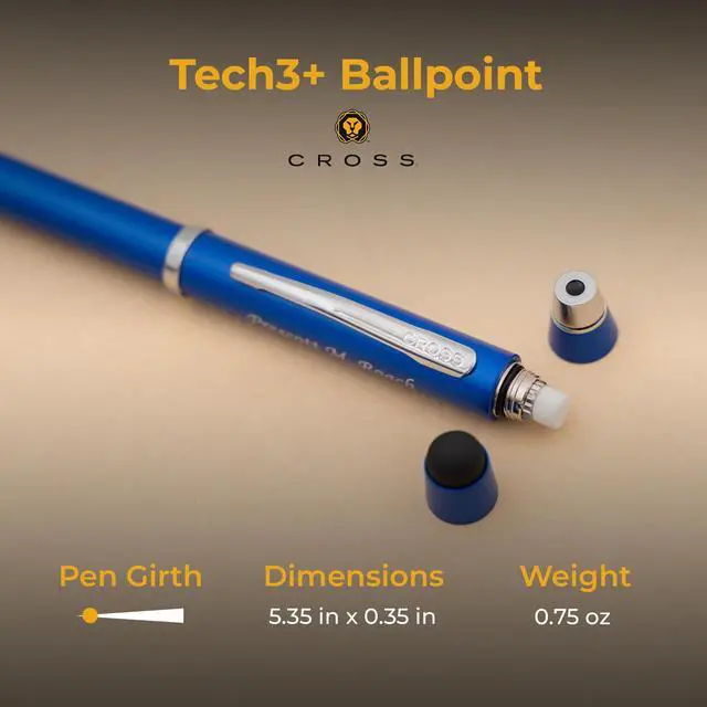 Alt view image 5 of 7 - Cross Tech3+ Engraved Multifunction Pen, Metallic Blue, Black and Red Ballpoint plus Pencil, Stylus and Eraser, Silver Engraving Under Clip, Gift for Educators, Journalists, Graduation