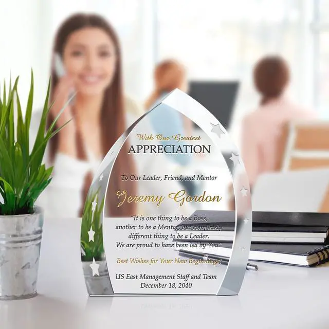 Alt view image 2 of 7 - Custom Crystal Boss Appreciation Award Plaque for Man and Woman, Personalized with Boss Name and Personal Message, Unique Appreciation, Promotion, Departing, Retirement Gift (L - 9")