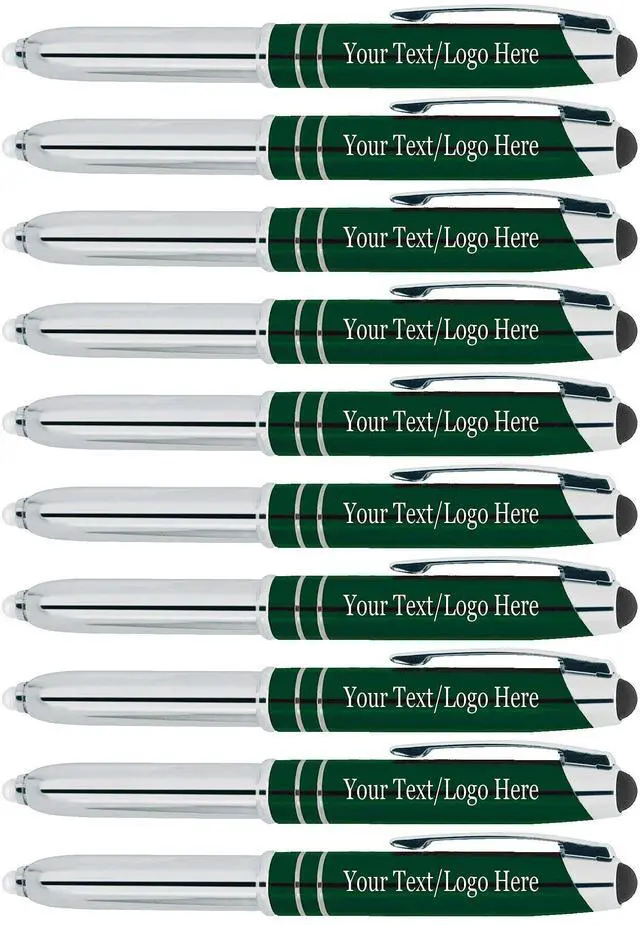 Main image of Personalized Pens with your Custom Text or Logo- Bulk 50 Pack- for Marketing, Parties, and Events, 3 in 1 LED Flashlight + Ballpoint Pen + Stylus for Touchscreen Devices, Green