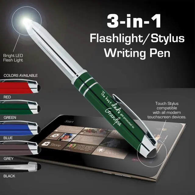 Alt view image 2 of 5 - Personalized Pens with your Custom Text or Logo- Bulk 50 Pack- for Marketing, Parties, and Events, 3 in 1 LED Flashlight + Ballpoint Pen + Stylus for Touchscreen Devices, Green