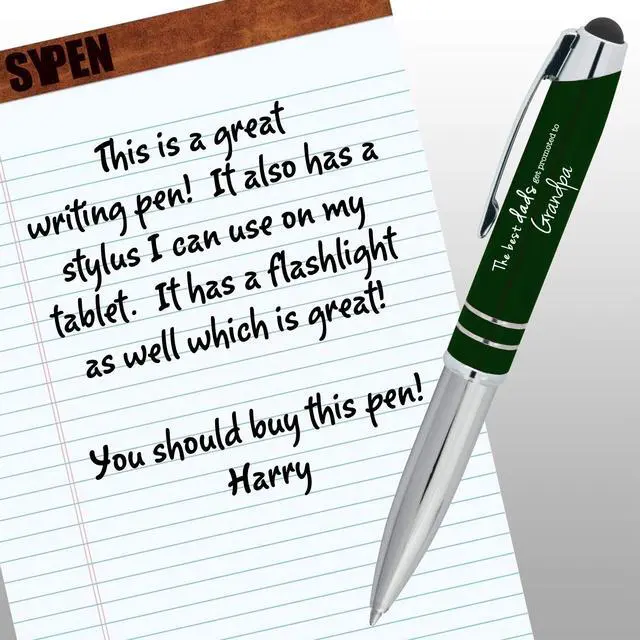 Alt view image 3 of 5 - Personalized Pens with your Custom Text or Logo- Bulk 50 Pack- for Marketing, Parties, and Events, 3 in 1 LED Flashlight + Ballpoint Pen + Stylus for Touchscreen Devices, Green