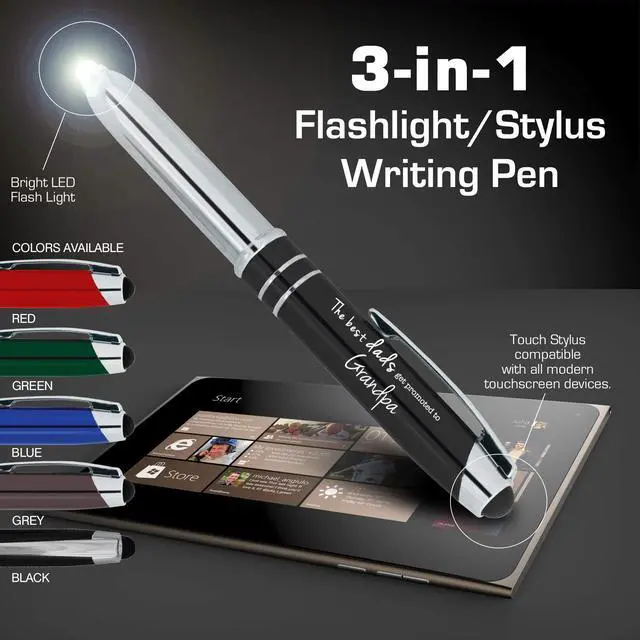 Alt view image 2 of 6 - Personalized Pens with Your Custom Text or Logo- Bulk 50 Pack- for Marketing, Parties, and Events, 3 in 1 LED Flashlight + Ballpoint Pen + Stylus for Touchscreen Devices, Black