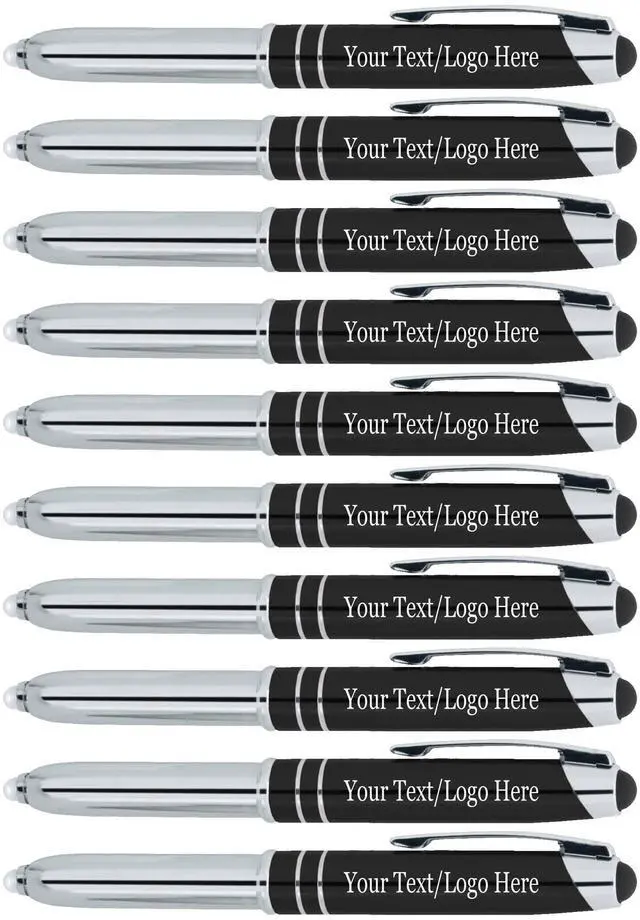 Main image of Personalized Pens with Your Custom Text or Logo- Bulk 50 Pack- for Marketing, Parties, and Events, 3 in 1 LED Flashlight + Ballpoint Pen + Stylus for Touchscreen Devices, Black