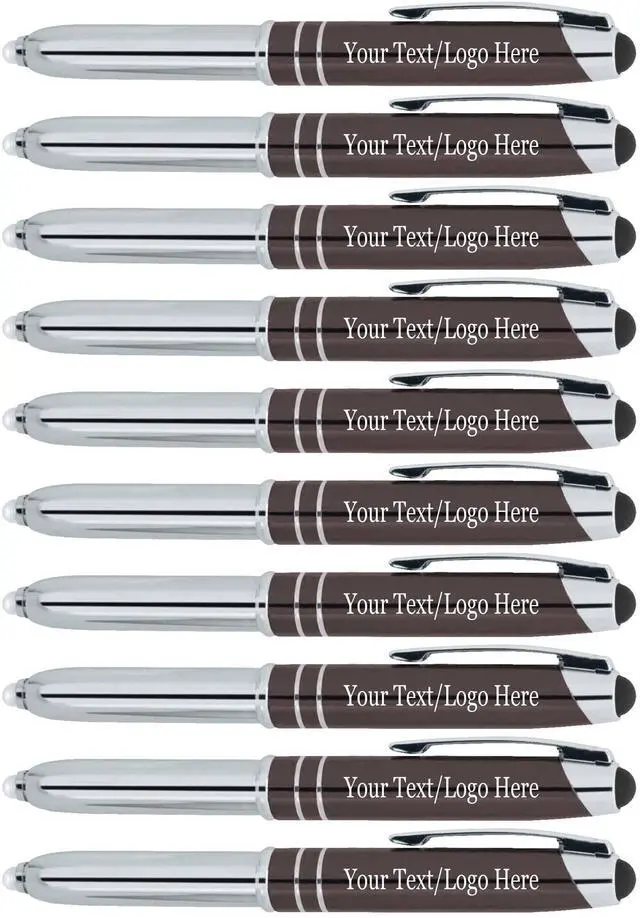 Main image of Personalized Pens with your Custom Text or Logo- Bulk 50 Pack- for Marketing, Parties, and Events, 3 in 1 LED Flashlight + Ballpoint Pen + Stylus for Touchscreen Devices, Grey