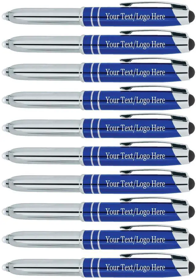 Main image of Personalized Pens with Your Custom Text or Logo- Bulk 50 Pack- for Marketing, Parties, and Events, 3 in 1 LED Flashlight + Ballpoint Pen + Stylus for Touchscreen Devices, Blue