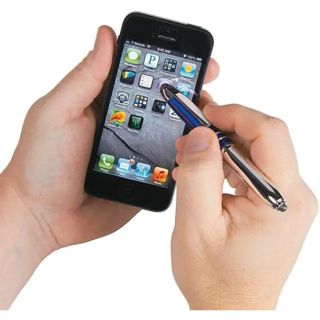 Alt view image 3 of 7 - Personalized Pens with Your Custom Text or Logo- Bulk 50 Pack- for Marketing, Parties, and Events, 3 in 1 LED Flashlight + Ballpoint Pen + Stylus for Touchscreen Devices, Blue