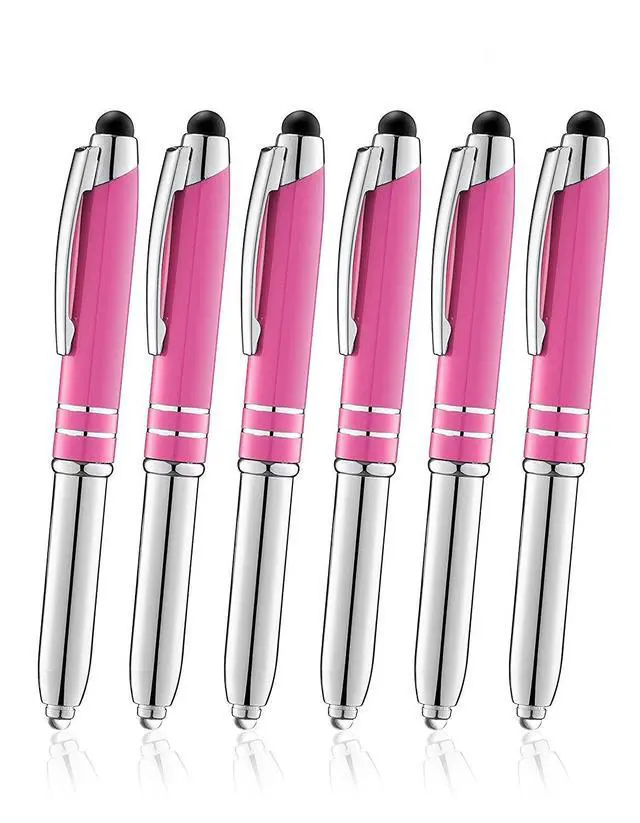 Alt view image 2 of 3 - Personalized Pens with Your Custom Text or Logo- Bulk 50 Pack- for Marketing, Parties, and Events, 3 in 1 LED Flashlight + Ballpoint Pen + Stylus for Touchscreen Devices, Pink