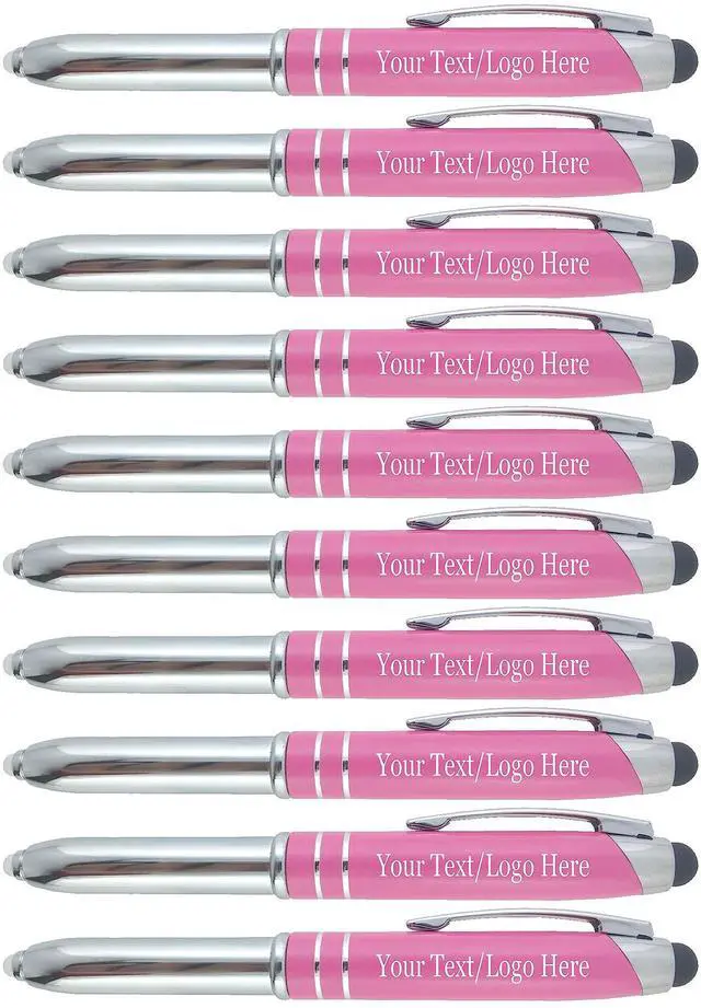 Main image of Personalized Pens with Your Custom Text or Logo- Bulk 50 Pack- for Marketing, Parties, and Events, 3 in 1 LED Flashlight + Ballpoint Pen + Stylus for Touchscreen Devices, Pink