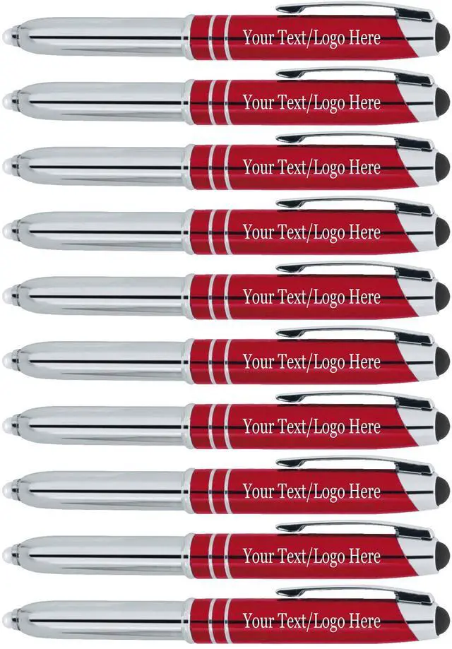 Main image of Personalized Pens with Your Custom Text or Logo- Bulk 50 Pack- for Marketing, Parties, and Events, 3 in 1 LED Flashlight + Ballpoint Pen + Stylus for Touchscreen Devices, Red