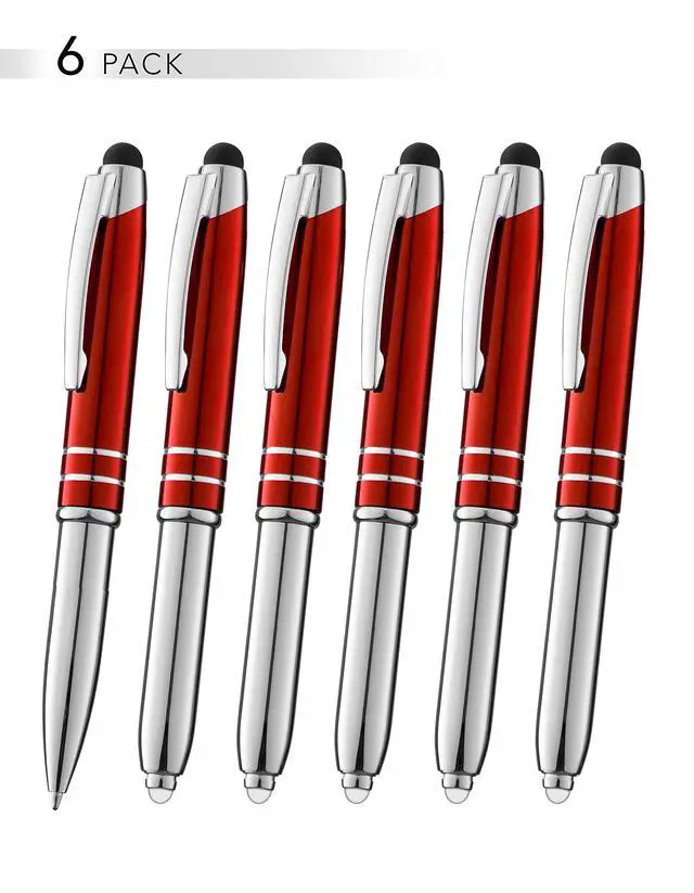Alt view image 2 of 4 - Personalized Pens with Your Custom Text or Logo- Bulk 50 Pack- for Marketing, Parties, and Events, 3 in 1 LED Flashlight + Ballpoint Pen + Stylus for Touchscreen Devices, Red