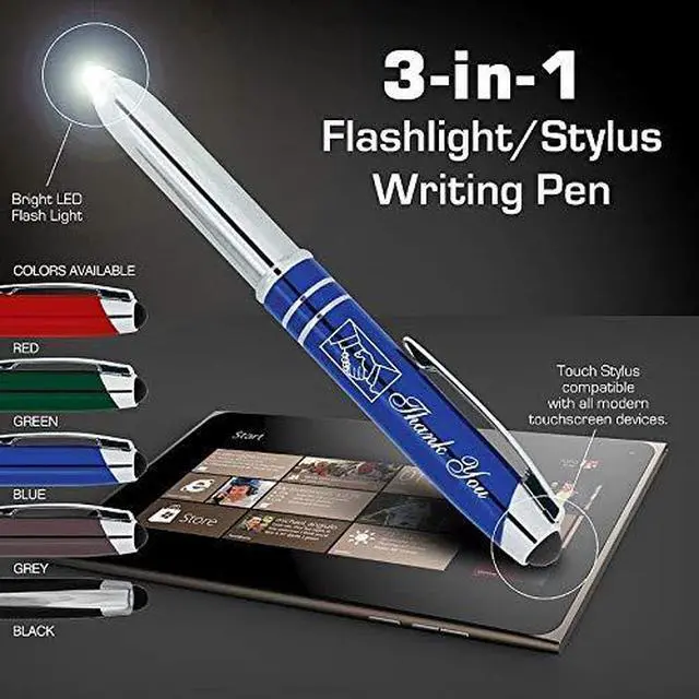 Alt view image 2 of 7 - Personalized Pens with Your Custom Text or Logo- Bulk 50 Pack- for Marketing, Parties, and Events, 3 in 1 LED Flashlight + Ballpoint Pen + Stylus for Touchscreen Devices, Blue
