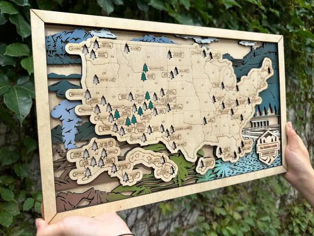 Alt view image 2 of 7 - Wooden US National Parks Map Wall Art, National Park Checklist Wall Decor, Birthday Gifts for Boys,Traveler Gifts for Dad, Men, Women, Husband, Wife,Gift for Outdoor Lover (XL - 34×21 inch)